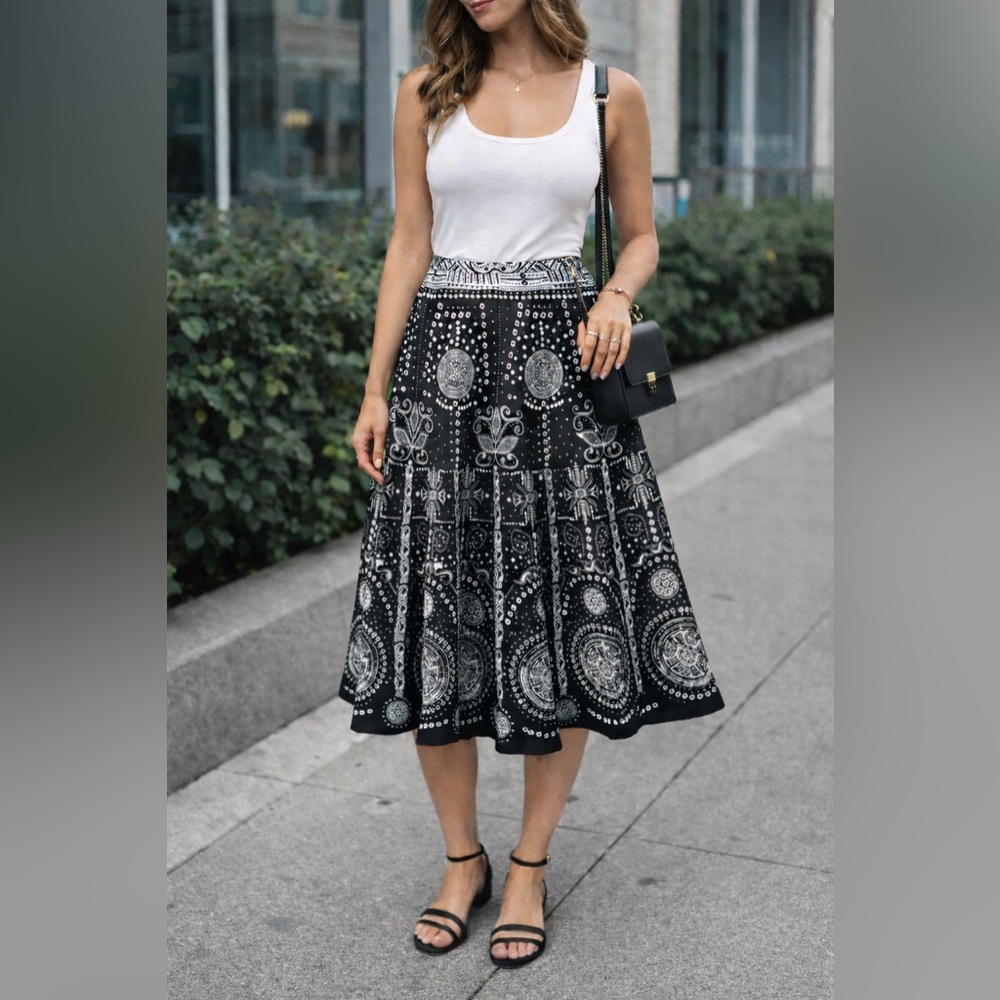 City Girl Celestial Cotton A-line Black & White Abstract Skirt Size Med -Boho